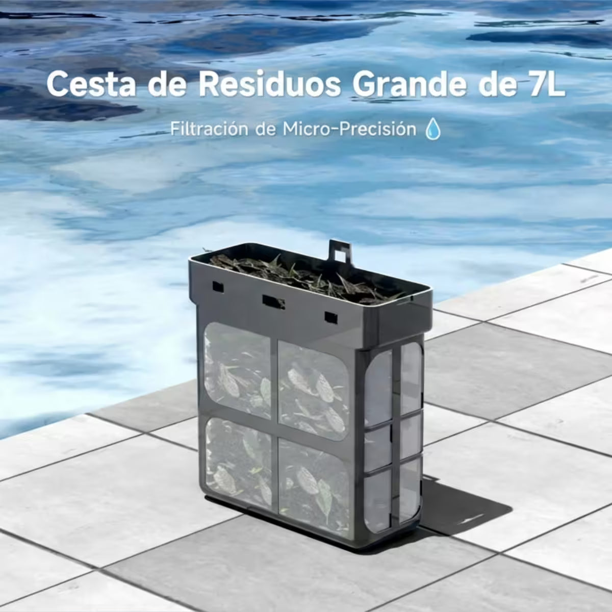 Infografía de la cesta de residuos de gran capacidad del Robot skimmer solar Wybot F1 en Ferretería La Palma, destacando su volumen de 7 litros y sistema de filtración de micro-precisión para la recolección de desechos - 1880001