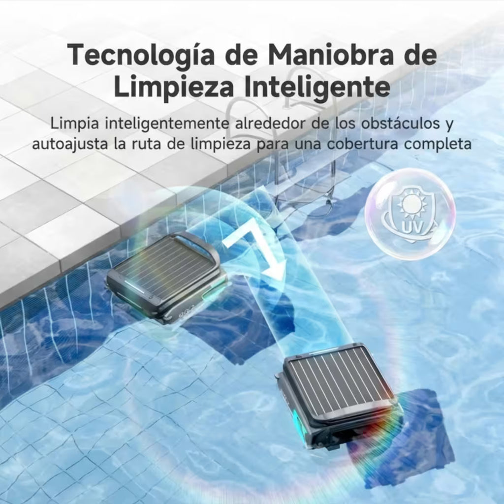 Infografía de tecnología de maniobra de limpieza inteligente del Robot skimmer solar Wybot F1 en Ferretería La Palma, ilustrando el autoajuste de ruta para esquivar obstáculos y una burbuja con icono de protección UV - 1880001