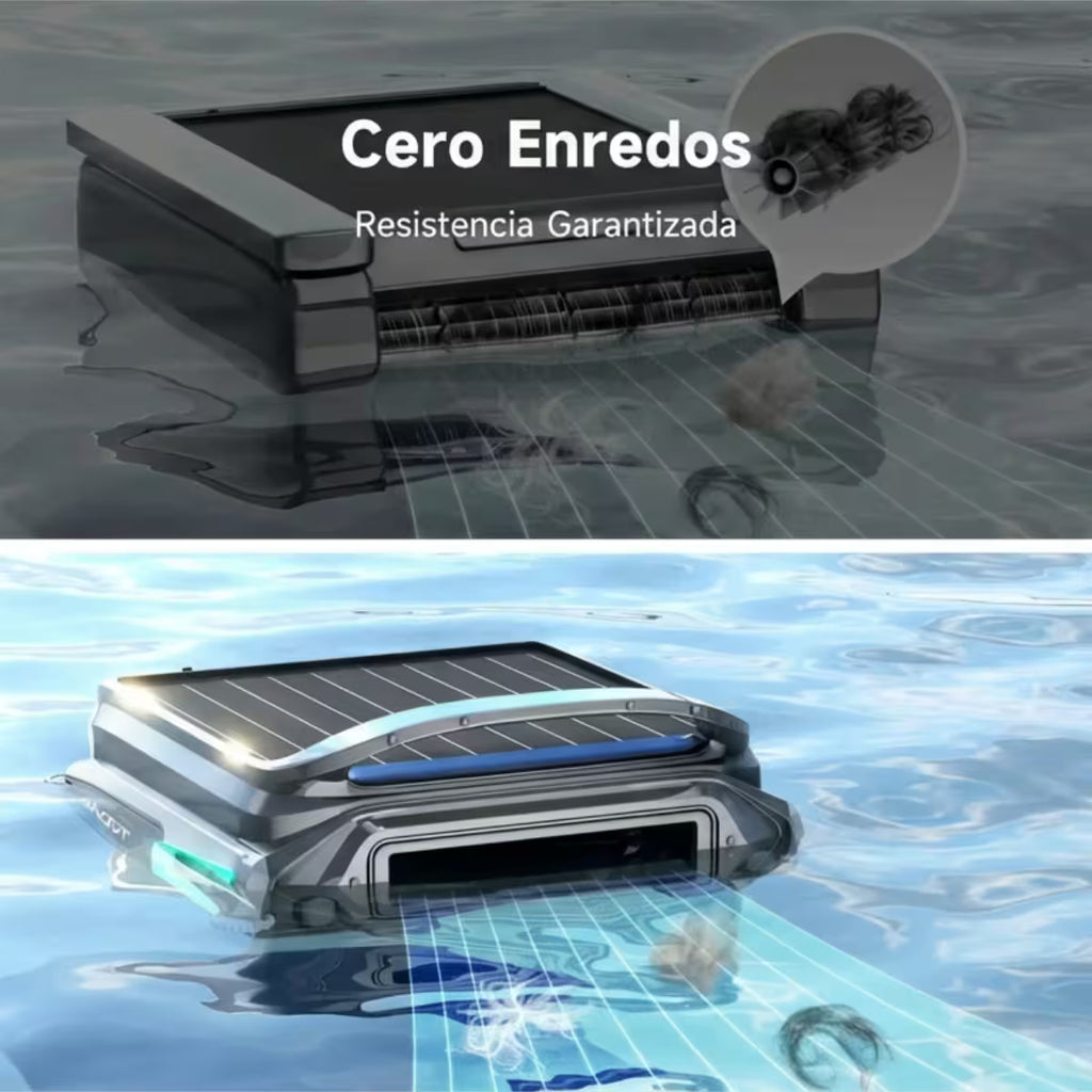 Infografía de tecnología anti-enredos del Robot skimmer solar Wybot F1 en Ferretería La Palma, destacando su resistencia garantizada al procesar cabello y suciedad de la superficie sin obstrucciones - 1880001