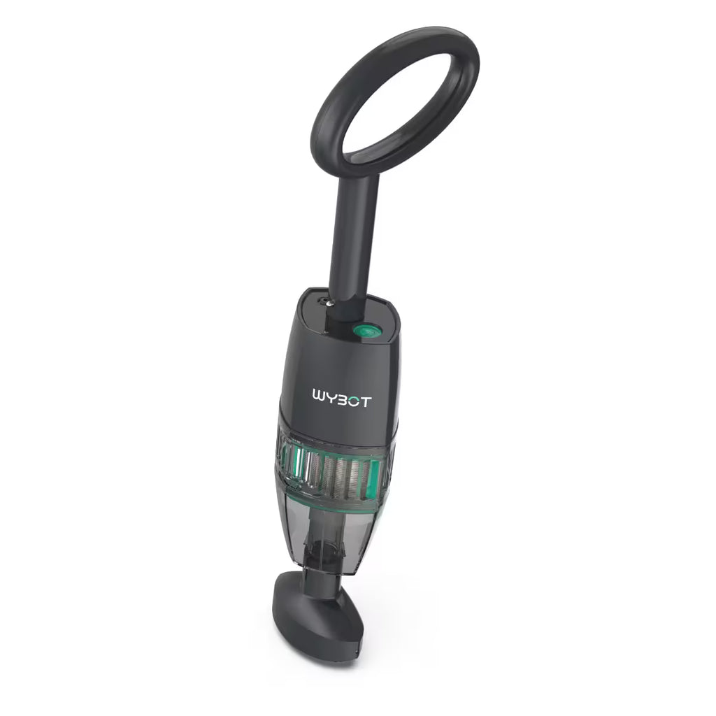 Aspiradora manual inalámbrica Wybot Hyson 100 en Ferretería La Palma, con diseño vertical en gris oscuro, mango ergonómico circular y cuerpo transparente que muestra el sistema de filtro interno - PALMA-1880000