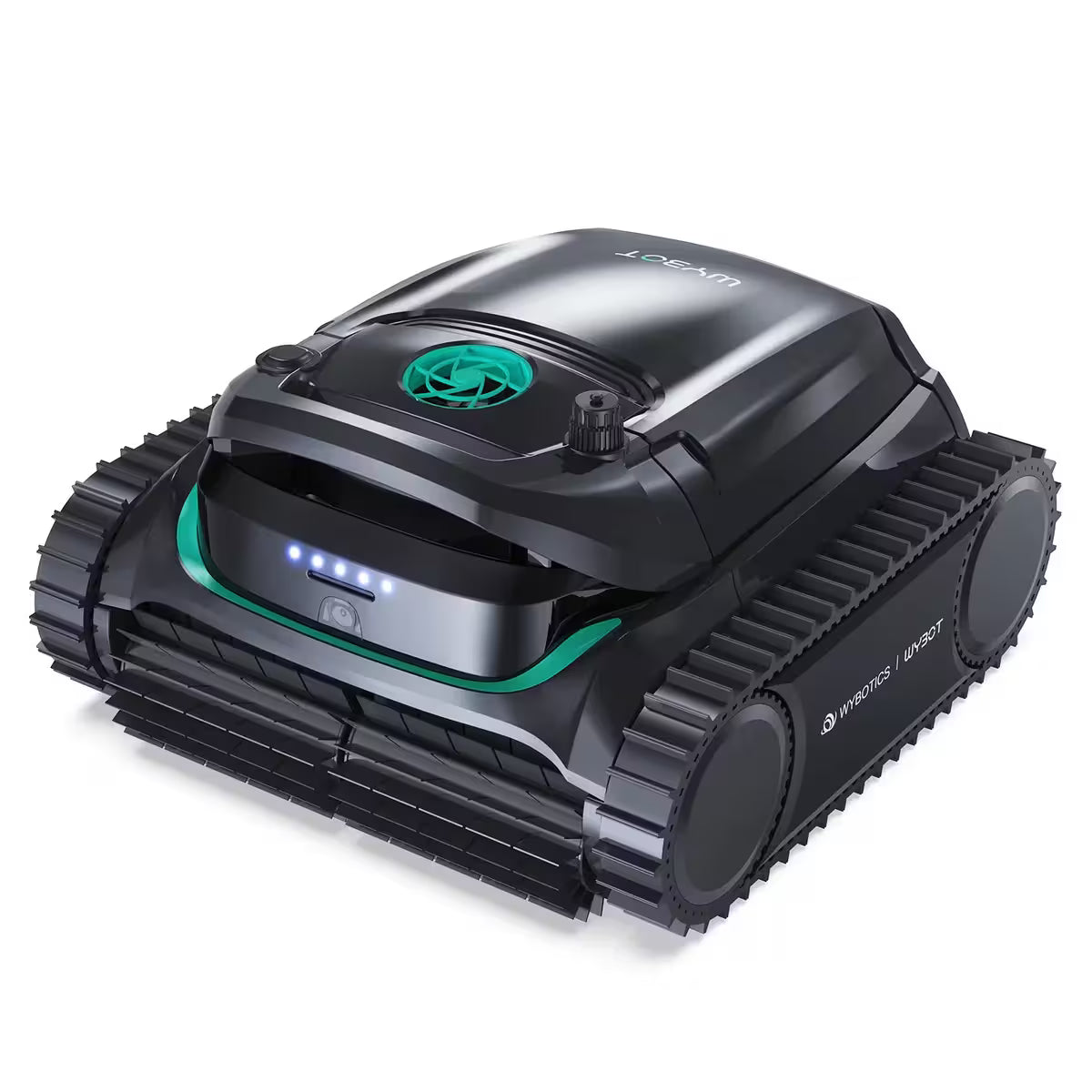 Robot limpiafondos profesional Wybot M2 Vision en color gris con orugas de tracción negras, doble cepillo rotativo frontal y asa de transporte ergonómica para limpieza de paredes y fondo - Ferretería La Palma -18800005