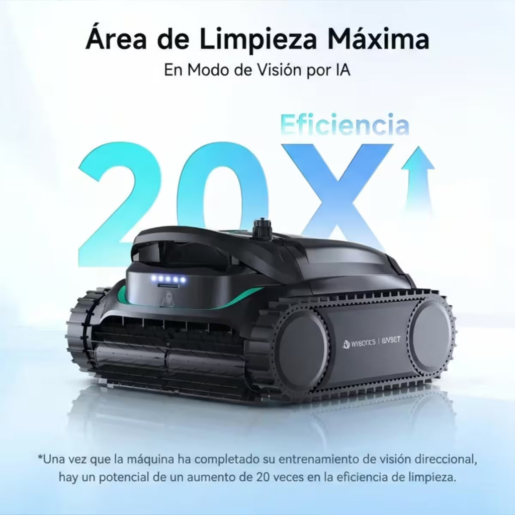 Infografía de eficiencia del Robot limpiafondos profesional Wybot M2 Vision, destacando un aumento de 20 veces en la eficacia de limpieza mediante su modo de entrenamiento de visión por IA - Ferretería La Palma - 18800005