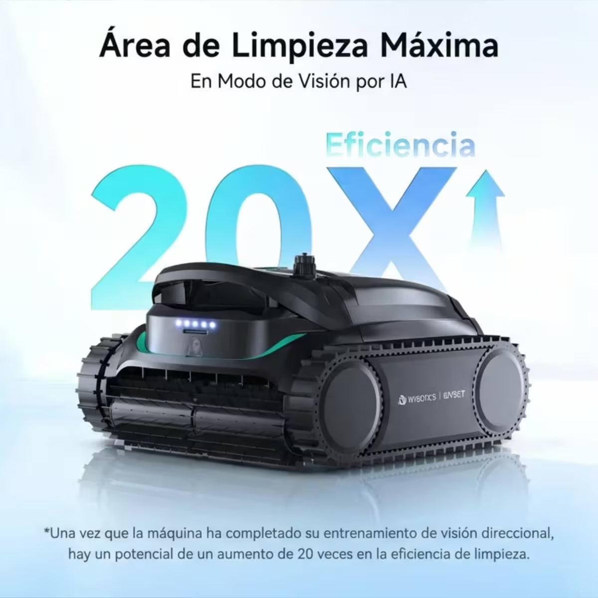 Infografía de eficiencia del Robot limpiafondos profesional Wybot M2 Vision, destacando un aumento de 20 veces en la eficacia de limpieza mediante su modo de entrenamiento de visión por IA - Ferretería La Palma - 18800005
