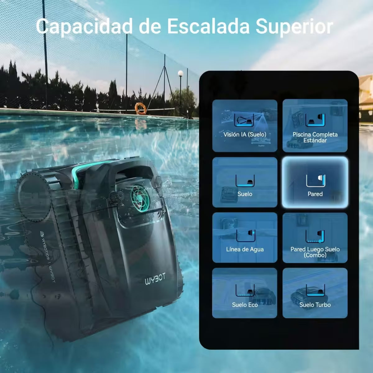 Interfaz de control del Robot limpiafondos profesional Wybot M2 Vision mostrando modos de limpieza seleccionables: Visión IA, Pared, Línea de Agua y Suelo Eco/Turbo - Ferretería La Palma -18800005