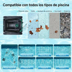 Infografía de compatibilidad del Robot limpiafondos profesional Wybot M2 apto para superficies de fibra de vidrio, vinilo, azulejo, hormigón y guijarros, con múltiples patrones de limpieza avanzados - Ferretería La Palma - 1880005
