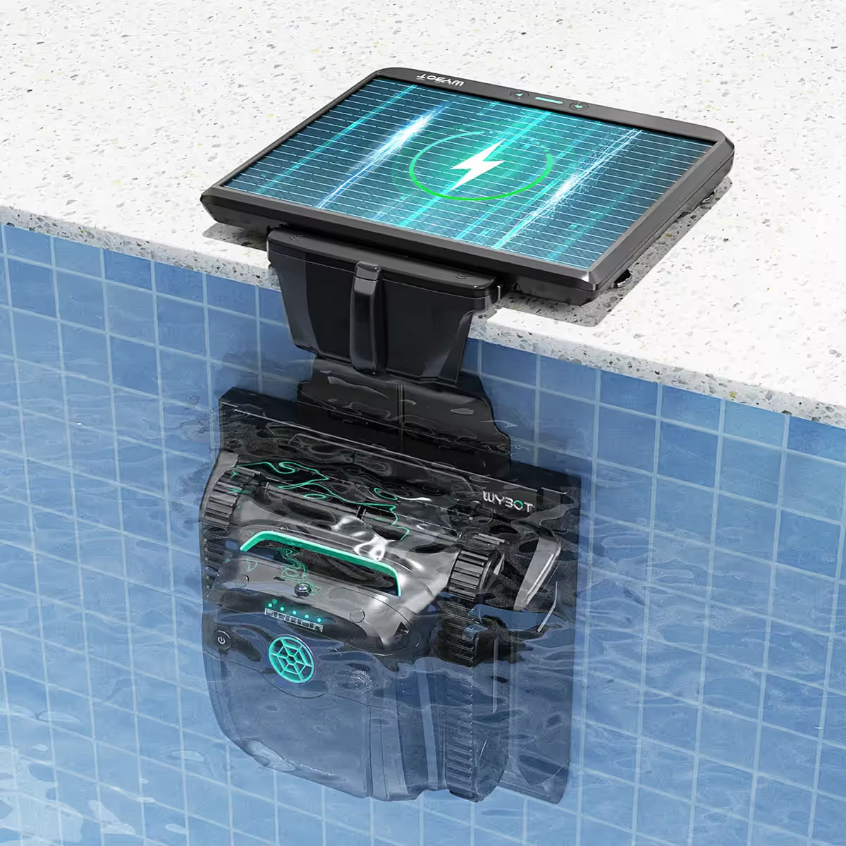 Robot limpiafondos Wybot S2 Solar Vision conectado a su estación de carga solar en el borde de la piscina, destacando su cámara frontal con IA, indicadores LED de estado y sistema de carga inalámbrica sumergible -  Ferretería La Palma - 1880004