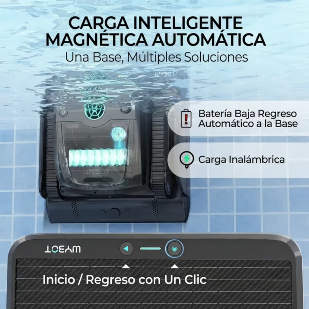 Infografía de carga inteligente magnética automática del Robot limpiafondos Wybot S2 Solar Vision, destacando el regreso automático a la base por batería baja, el sistema de carga inalámbrica y la función de inicio con un solo clic - Ferretería La Palma -  1880004