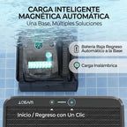 Infografía de carga inteligente magnética automática del Robot limpiafondos Wybot S2 Solar Vision, destacando el regreso automático a la base por batería baja, el sistema de carga inalámbrica y la función de inicio con un solo clic - Ferretería La Palma -  1880004
