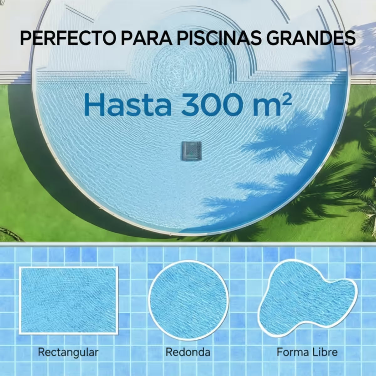 Infografía de cobertura para piscinas grandes del Robot limpiafondos Wybot S2 Solar Vision, destacando su capacidad para limpiar áreas de hasta 300 m² en piscinas de diversas formas: rectangular, redonda y de forma libre - Ferretería La Palma - 1880004