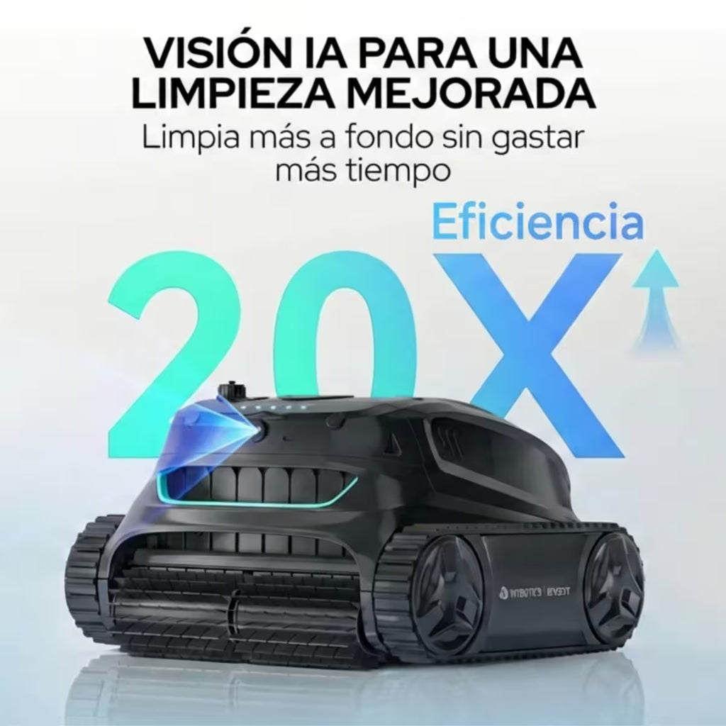 Infografía de eficiencia del Robot limpiafondos Wybot S2 Vision, destacando su tecnología de visión por IA que permite una limpieza 20 veces más eficaz y profunda sin incrementar el tiempo de trabajo - Ferretería La Palma - 1880003