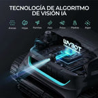 Infografía de tecnología de algoritmo de visión IA del Robot limpiafondos Wybot S2 Vision, detallando su capacidad visual para identificar arenas, hojas, ramitas, pelo, polvo, piedras y algas - Ferretería La Palma - 1880003