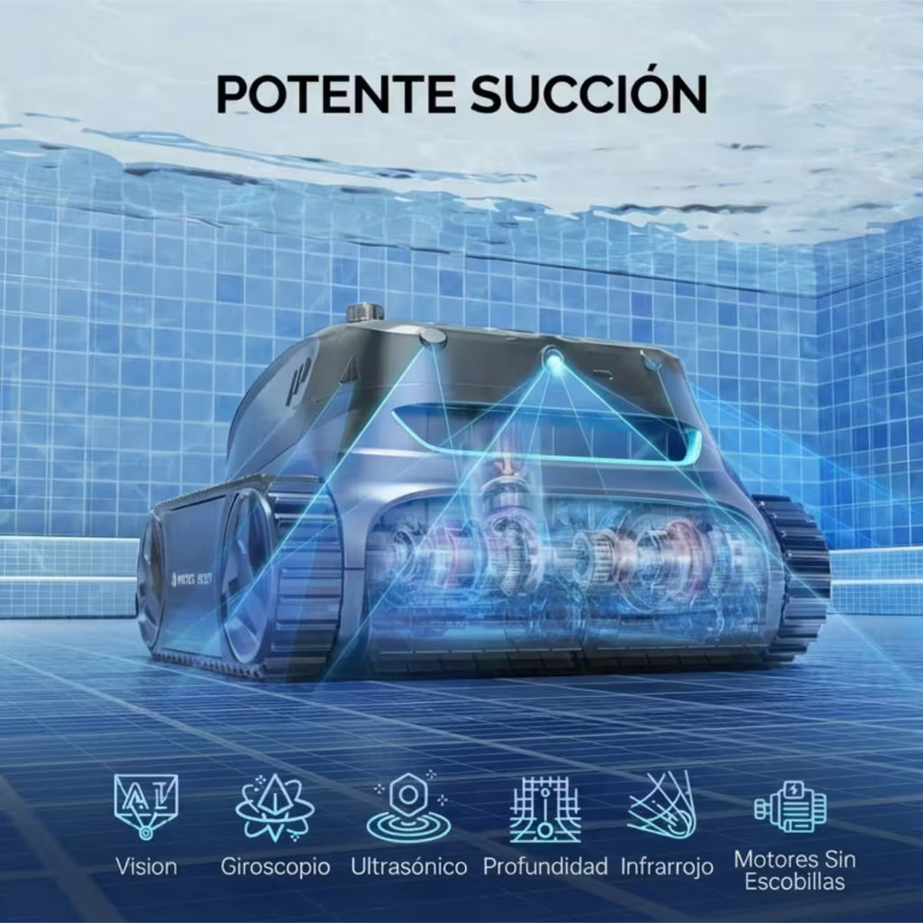 Infografía de potencia de succión del Robot limpiafondos Wybot S2 Vision, mostrando una vista interna de sus motores sin escobillas y sensores de navegación: visión IA, giroscopio, ultrasónico, profundidad e infrarrojo - Ferretería La Palma - 1880003