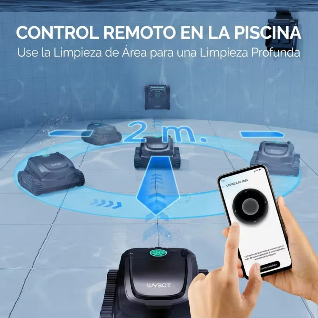 Infografía de control remoto por smartphone para el Robot limpiafondos Wybot S2 Vision, detallando la función de "Limpieza de Área" para realizar una limpieza profunda personalizada en un radio de 2 metros sobre el fondo de la piscina - Ferretería La Palma - 1880003