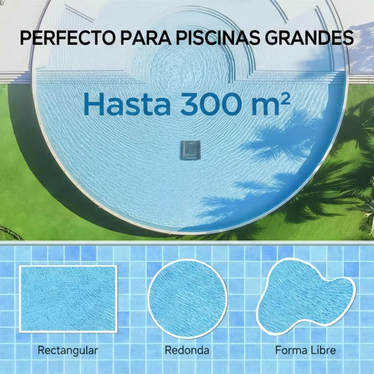 Infografía de rendimiento del Robot limpiafondos Wybot S2 Vision, destacando una autonomía de 200 minutos para cubrir áreas de hasta 300 metros cuadrados - Ferretería La Palma - 1880003